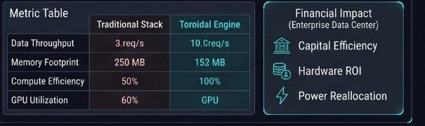 Metric table comparing traditional stack and toroidal engine, with financial impact