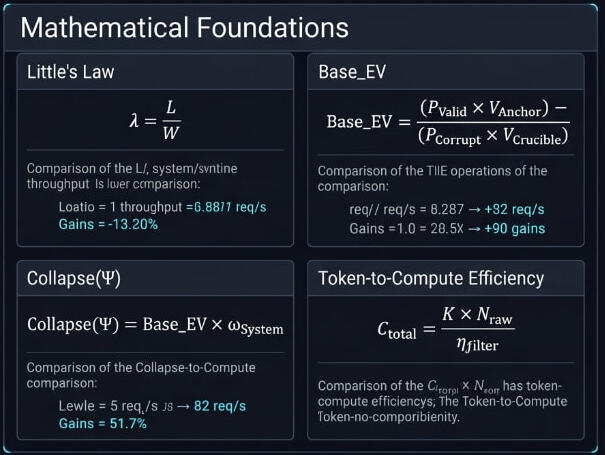 Mathematical foundations: Little's Law, Base_EV, Collapse and token-to-compute efficiency