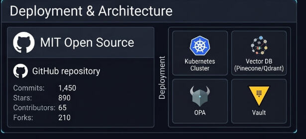 Deployment and architecture: MIT open source repository, Kubernetes, Vector DB, OPA, Vault